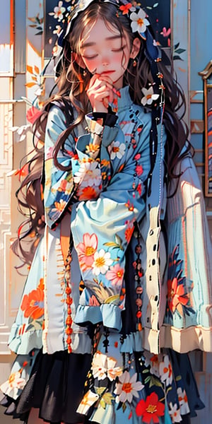 nijicute, 1girl, an anime fb girl in floral print, in the style of light silver and light blue, dreamlike portraiture, dark white and light orange, marguerite blasingame, cottagecore, charles spencelayh, serge marshennikov,NijiCute