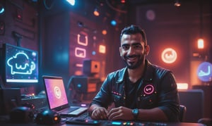 cute arabic man 35 years old, style pixar, in youtube studio, half body, mistic composition, smiling, the studio has a computer, laptop, neon lights  featuring YouTube logo, cyberpunk style