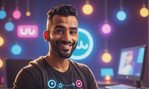 cute arabic man 35 years old, style pixar, in youtube studio, half body, mistic composition, smiling, the studio has a computer, laptop, neon lights  featuring YouTube logo, cyberpunk style
