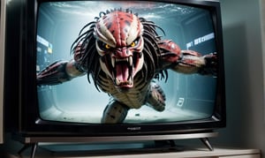 POV you looking at: a double exposure view of a: hyper surreal realistic picture of the Predator trying to escape a TV, ((cracking the screen of the TV:1.2)),3D MODEL
