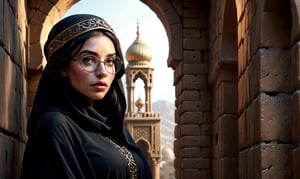 An alluring and hot arab female, with big and perfect eyes, a thin and slightly upturned nose, and appealing full lips, looks out through a hole in a brick wall. She wears a richly decorated Muslim abaya. Visor glasses, dark long hair, and hair between her eyes. Glowing pale skin. Dust in the air. Trending on Artstation, sharp focus, studio photo, intricate details, highly detailed, octane render, 64k, photorealistic concept art, soft natural light, chiaroscuro, masterpiece.,Decora_SWstyle,style,arch143,H effect,concept,fantasy,Movie Still,wallpaper,art,magic,enhance,SelectiveColorStyle