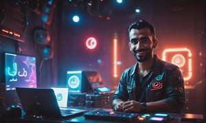 cute arabic man 35 years old, style pixar, in youtube studio, half body, mistic composition, smiling, the studio has a computer, laptop, neon lights  featuring YouTube logo, cyberpunk style