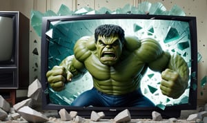 POV you looking at: a double exposure view of a: hyper surreal realistic picture of the hulk trying to escape a TV, ((cracking the screen of the TV)), (glass shards fly everywhere:1.2)
