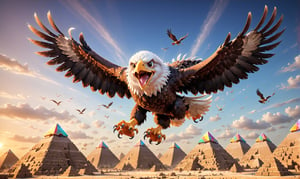 Realistic and fun image of a [eagle] with a joyful expression, [flying over the pyramids ]. motion blur, giving the scene a lively, energetic atmosphere.
,disney pixar style
