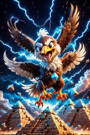 Realistic and fun image of a [eagle] with a joyful expression, [flying over the pyramids]. motion blur, at night, thunderstorm, giving the scene a lively, energetic atmosphere.
,disney pixar style,cartoon 
