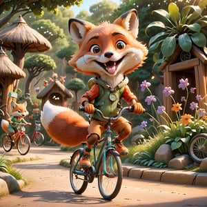 Realistic and fun image of a [fox] with a joyful expression, [riding a bicycle ]. in a zoo, giving the scene a lively, energetic atmosphere.
,disney pixar style