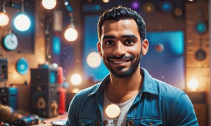 cute arabic man 35 years old, style pixar, in youtube studio, half body, mistic composition, smiling
