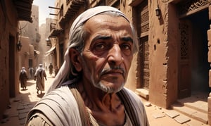  arabic old man, photography, Cinematic lighting, Realism, Unreal Engine, Rising angle perspective, Action camera, Dramatic scene --chaos 4