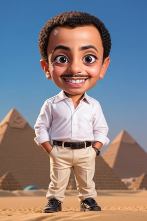 comedy actor, Arabic Egyptian male actor, 60 years old, happy, smiling, big eyes, color burst background, pyramids ,chibi,,,,<lora:659095807385103906:1.0>