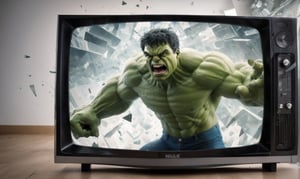 POV you looking at: a double exposure view of a: hyper surreal realistic picture of the (hulk trying to escape a TV:1.2), ((cracking the screen of the TV)), glass shards flying everywhere, action shot