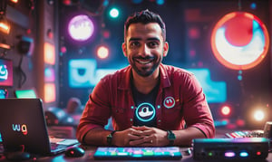 cute arabic man 35 years old, style pixar, in youtube studio, half body, mistic composition, smiling, the studio has a computer, laptop, neon lights  featuring YouTube logo 