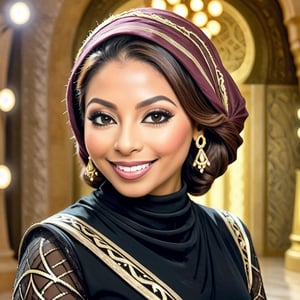 portrait of Egyptian female, smiling, Disney, Pixar style, wearing pharaonic full sleeve clothes, (arabic hijab:1.2), bokeh background
,disney pixar style,score_9,xxmixgirl