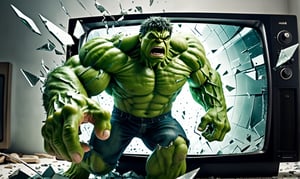 POV you looking at: a double exposure view of a: hyper surreal realistic picture of the Hulk trying to escape a TV, ((cracking the screen of the TV)), glass shards flying everywhere, action shot