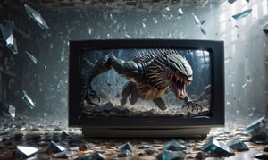 POV you looking at: a double exposure view of a: hyper surreal realistic picture of the Predator trying to escape a TV, ((cracking the screen of the TV)), (glass shards fly everywhere:1.2), screen cracks