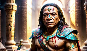 Egyptian warrior pharaoh king, evil look, wearing ancient egyptian clothes, blood on face, wounds in face, adel emam with sword in his hand, High detailed, Color magic,cyberpunk style,adel emam,LegendDarkFantasy,photo r3al,colorful,color art,color chaos,more detail XL, cinematic moviemaker style