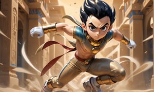((full body image of Astroboy,)) ((Action pose)), ((Egyptian style)), ((full clothes)), with golden t-shirt, (Masterpiece, Best quality), (finely detailed eyes), (finely detailed eyes and detailed face), (Extremely detailed CG, intricate detailed, Best shadow), conceptual illustration, (illustration), (extremely fine and detailed), (Perfect details), (Depth of field),more detail XL,action shot