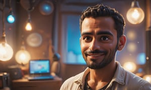 cute arabic man 35 years old, style pixar, in youtube studio, half body, mistic composition, smiling