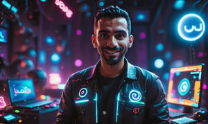 cute arabic man 35 years old, style pixar, in youtube studio, half body, mistic composition, smiling, the studio has a computer, laptop, neon lights  featuring YouTube logo, cyberpunk style