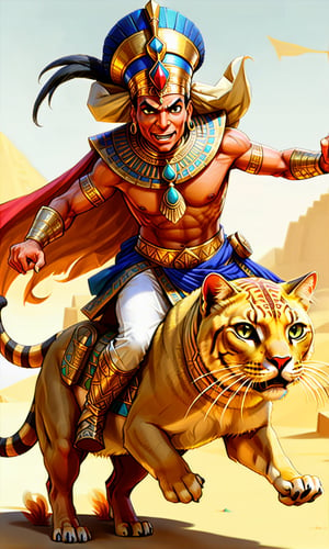 AdelEmam, ((riding on top of A battle cat:1.2)), wearing armor, running across a battlefield, ((adel emam:1.2)), (((wearing full Pharaonic clothes:1.5)))