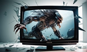 POV you looking at: a double exposure view of a: hyper surreal realistic picture of the Predator trying to escape a TV, ((cracking the screen of the TV)), glass shards fly everywhere
,