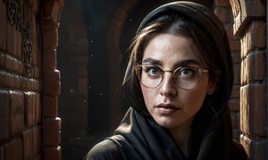 An alluring and hot female, with big and perfect eyes, a thin and slightly upturned nose, and appealing full lips, looks out through a hole in a brick wall. She wears a richly decorated Muslim abaya. Visor glasses, dark long hair, and hair between her eyes. Glowing pale skin. Dust in the air. Trending on Artstation, sharp focus, studio photo, intricate details, highly detailed, octane render, 64k, photorealistic concept art, soft natural light, chiaroscuro, masterpiece.,Decora_SWstyle,style,arch143,H effect,concept,fantasy,Movie Still,wallpaper,art,magic,enhance,SelectiveColorStyle