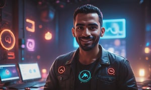 cute arabic man 35 years old, style pixar, in youtube studio, half body, mistic composition, smiling, the studio has a computer, laptop, neon lights  featuring YouTube logo, cyberpunk style