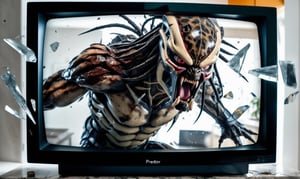 POV you looking at: a double exposure view of a: hyper surreal realistic picture of the Predator trying to escape a TV, ((cracking the screen of the TV)), (glass shards fly everywhere:1.2)
,