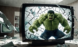 POV you looking at: a double exposure view of a: hyper surreal realistic picture of a (hulk trying to escape a TV:1.2), ((cracking the screen of the TV)), glass shards flying everywhere, action shot
