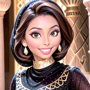 portrait of Egyptian female, smiling, Disney, Pixar style, wearing pharaonic full sleeve clothes, (arabic hijab:1.2), bokeh background
,disney pixar style