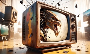 POV you looking at: a double exposure view of a: hyper surreal realistic picture of the Predator trying to escape a TV, ((cracking the screen of the TV)), (glass shards fly everywhere:1.2)
,skpleonardostyle, 