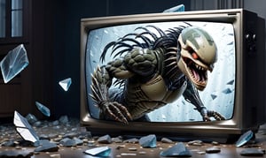 POV you looking at: a double exposure view of a: hyper surreal realistic picture of the Predator trying to escape a TV, ((cracking the screen of the TV)), (glass shards fly everywhere:1.2)
,skpleonardostyle, 