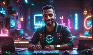 cute arabic man 35 years old, style pixar, in youtube studio, half body, mistic composition, smiling, the studio has a computer, laptop, neon lights  featuring YouTube logo, cyberpunk style