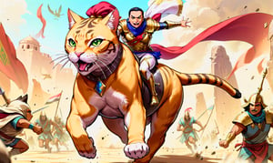 AdelEmam, ((riding on top of A battle cat:1.2)), wearing armor, running across a battlefield, ((adel emam:1.2)), (((wearing full Pharaonic clothes:1))), Egyptian theme ,furry