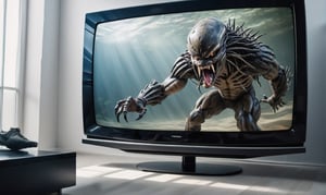 POV you looking at: a double exposure view of a: hyper surreal realistic picture of the Predator trying to escape a TV, ((cracking the screen of the TV)),3D MODEL