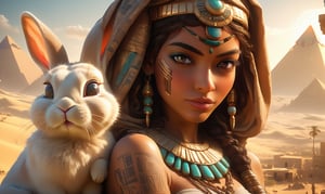 Young egyptian woman cradling a bunny, pheronic costume, ultra detailed atmospheric details, beautiful glowing effects, sparkle effects, realistic body proportions, beautiful face proportions, complex masterpiece, wild hair style, creative glowing detailed tattoos, complex physics, enhanced colors, complimentary colors, ultra detailed raytracing reflections, Ultra detailed complex background, environment feels alive