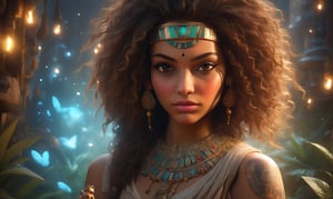 Young egyptian woman cradling a bunny, ultra detailed atmospheric details, beautiful glowing effects, sparkle effects, realistic body proportions, beautiful face proportions, complex masterpiece, wild hair style, creative glowing detailed tattoos, complex physics, enhanced colors, complimentary colors, ultra detailed raytracing reflections, Ultra detailed complex background, environment feels alive