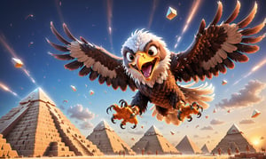 Realistic and fun image of a [eagle] with a joyful expression, [flying over the pyramids ]. motion blur, giving the scene a lively, energetic atmosphere.
,disney pixar style