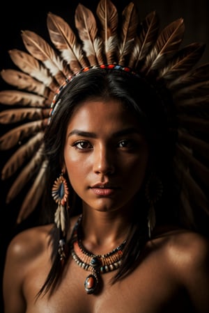 beautiful native american woman,  (8k,  best quality,  masterpiece,  photograph,  highly detailed:1.1),perfecteyes, volumetric lighting, traditional head dress, naked, beautiful eyes, hypnotizing eyes 