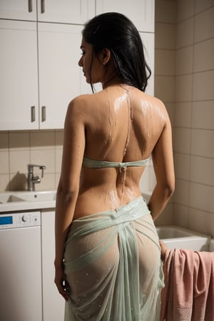 Indian Aunty washing clothes , wet_clothing,  dripping, wearing half saree, back view, looking-at-viewer, abs, very_high_resolution, high_definition