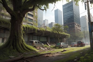 Abandoned metropolis teeters on the brink of collapse, concrete skyscrapers overgrown with vines and moss, ancient buildings swallowed by verdant foliage. Trees burst forth from cracked sidewalks, their branches tangled around rusty lampposts. A post-apocalyptic landscape where nature's fury has reclaimed the city, yet remnants of civilization linger amidst the decay.