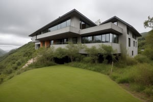 a house in a little hill with a lot of vegetation in a cloudy day, concrete, big squares