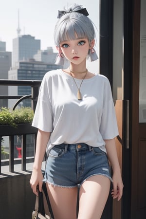 1girl, short blue hair, blue eyes, wearing plain white shirt, denim shorts, city, absurdres, high res, ultrasharp, 8K, masterpiece, looking at viewer and naked ,Lalisa,kamisato_ayaka