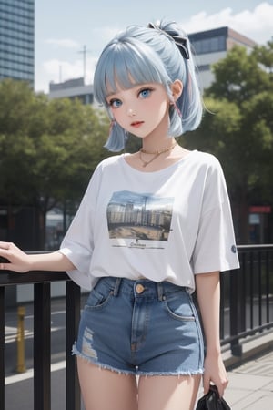 1girl, short blue hair, blue eyes, wearing plain white shirt, denim shorts, city, absurdres, high res, ultrasharp, 8K, masterpiece, looking at viewer
and naked


,Lalisa,kamisato_ayaka