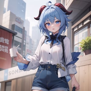 1girl, short blue hair, blue eyes,horn, wearing plain white shirt, denim shorts, city, absurdres, high res, ultrasharp, 8K, masterpiece, looking at viewer,ganyu \(china merchants bank\) \(genshin