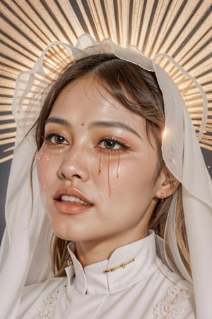young Asian woman, looking up, brown hair, parted lips, teeth, tears on cheeks, halo rays rising from head, crying, portrait, realistic, wearing white veil and nun uniform, Madonna, angelic