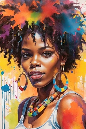 water paint portrait of young Caribbean female blues singer, afro hair, colorful bangles, looking at viewer, singing happily, colorful, vibrant, hoop earrings, very dark skin, splashes of paint, dripping paint