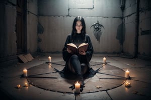 young woman with an open book sitting on the floor inside a pentagram, dark ritual, demonic