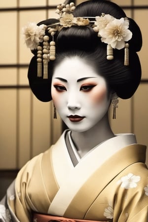 Japanese geisha wearing traditional kimono, traditional face makeup, hair ornament, jewelry, sepia, desaturated, japanese clothes, hair flower, realistic