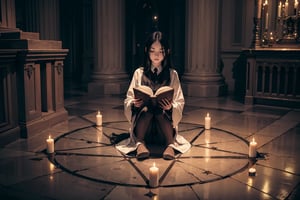 young woman with an open book sitting on the floor inside a pentagram, dark ritual, demonic