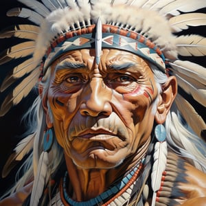 Extremely detailed painting, close-up of a white-haired native American chieftain, deep wrinkles, leathery skin, tired look, fine fluid and dynamic brushstrokes, pastel colors